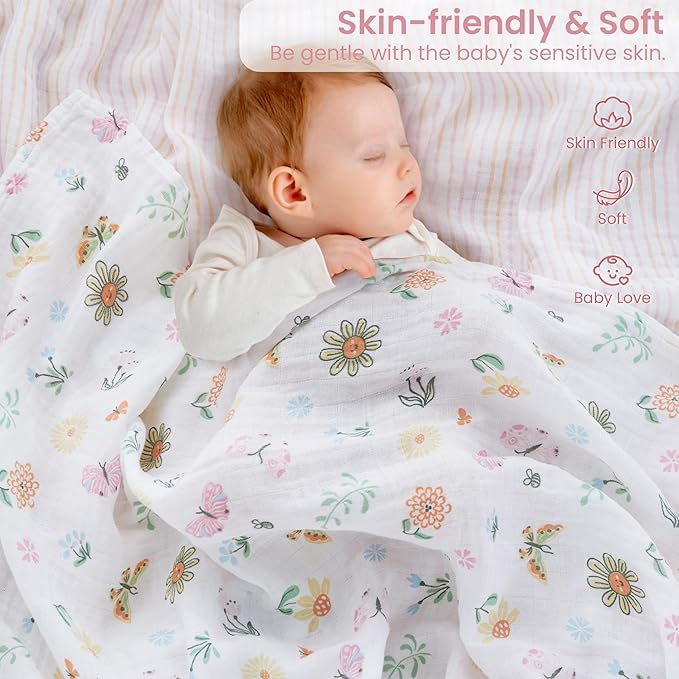Softan Swaddle Blankets for Baby Girls & Boys Gift, Large 47X47 inches Receiving Blankets for Newborn,4 Pack Flowers and Butterflies