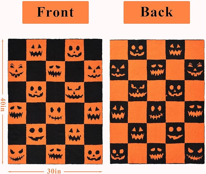 Halloween Pumpkin Throw Blanket - Checkerboard Pattern with Spooky Pumpkin Faces - Soft Flannel Cozy Blanket for Couch, Bed & Fall Decor - Horror Style Halloween Blanket (30"x40")