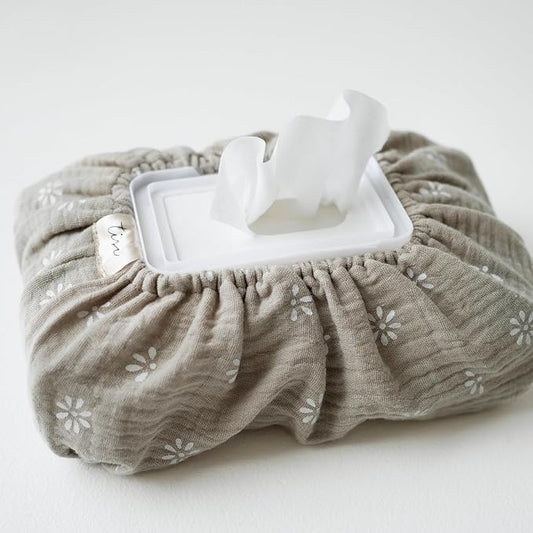 Baby Wipes Cover – Universal Size, One Size Fits All Wipes Packages | Muslin Cotton Tissue Cover for Nursery, Diaper Bag & Changing Table, Station | Gingham & Neutral Patterns (Beige Daisy)