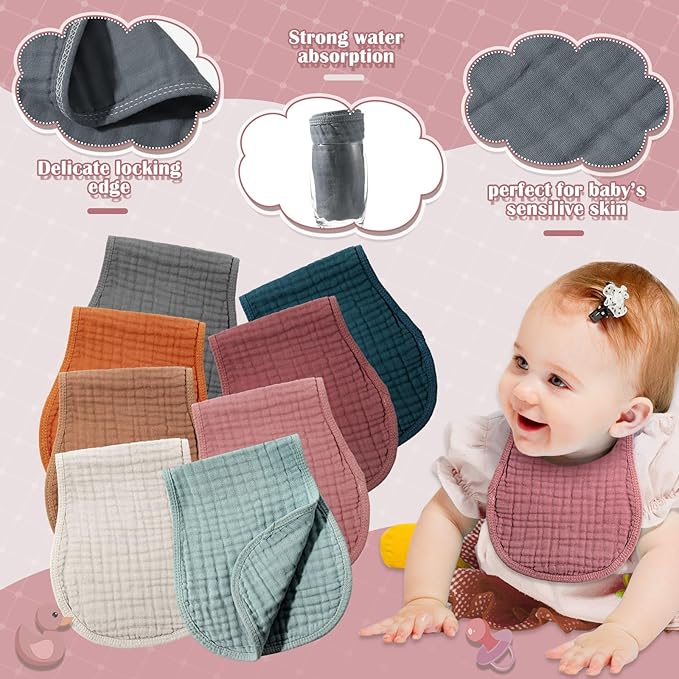 Frienda 8 Pieces Muslin Burp Cloths for Baby Cotton Burp Cloth 10 x 20 Inches Multi Colors Muslin Washcloths Diapers 4 Absorbent Layers Newborn Face Towels for Baby Boy Girl Unisex (Bright Color)