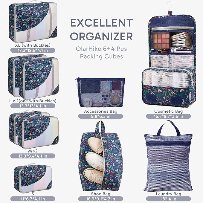 ALL INCLUDED 10 Set Durable Packing Cubes for Suitcases,OlarHike Essentials for Travel,UPGRADED Anti-Tear Stitching, NEW Improved Luggage Packing Organizers for Travel Accessories (Dark Blue Floral)