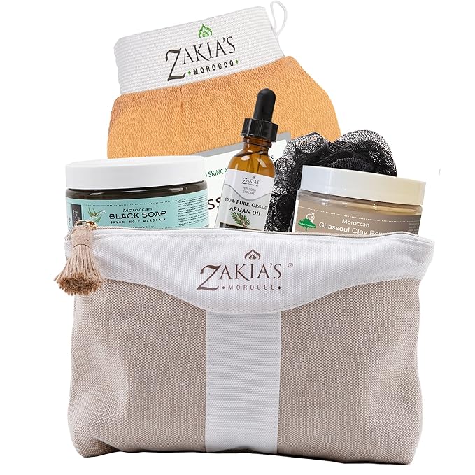 Moroccan Hammam Spa Rejuvinating Ritual Beauty Skincare Kit - 6 piece, Moroccan Euclayptus Black Soap, Ghasoul Clay, Argan Oil, Pure & Natural, Purifying, Cleansing, exfoliating for every skin type.