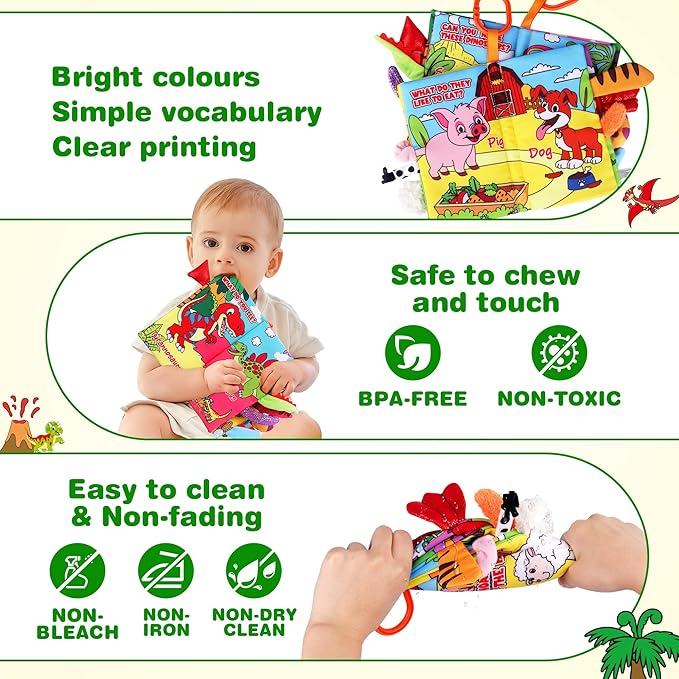 Soft Baby Books for 0-18 Months, 2PCS Crinkle Cloth Books - Dinosaur and Farm Themes, Tummy Time Toys for Infants 0-6-12-18 Months, Sensory Books for Babies, Ideal Christmas