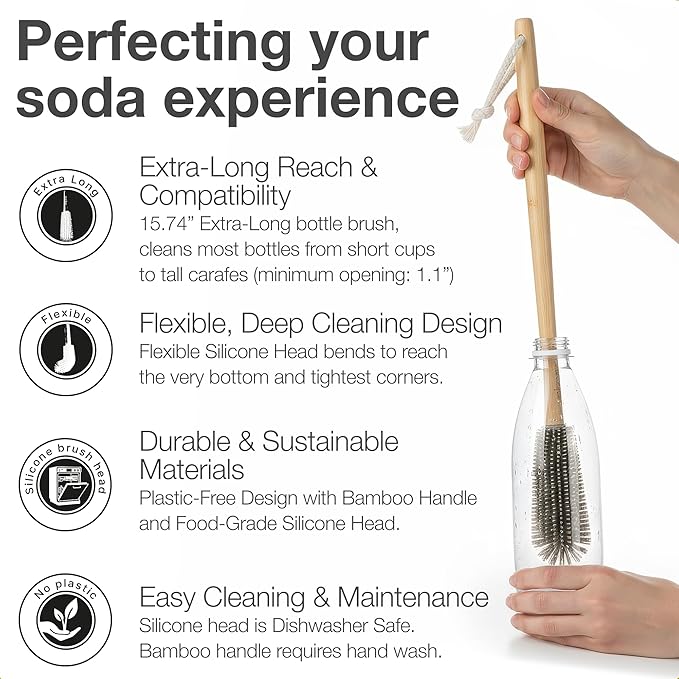 Extra Long Bottle Brush – 16" Bamboo Handle & Flexible Hygienic Silicone Head – Compatible with Sodastream (Not Aqua Fizz), Aarke Plastic Bottles, Vases, Tumblers | BPA Free | Scratch-Free