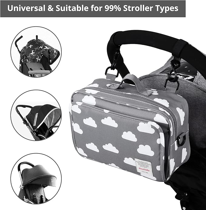 Small Diaper Bag, Stroller Organizer Bags for Baby with Insulated Pocket, Stroller Hooks and Adjustable Strap,Universal Mini Diaper Tote Bags Fit All Strollers, Gray