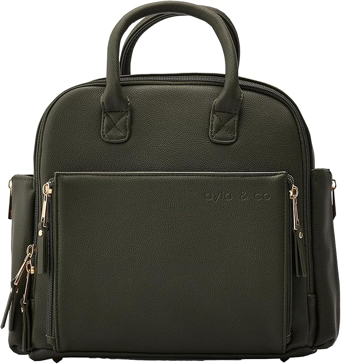 Ayla & Co Mini Bag, Transitional Minimal Diaper Bag, Vegan Leather, with Expandable Pockets, Built-In Wallet, Organizer