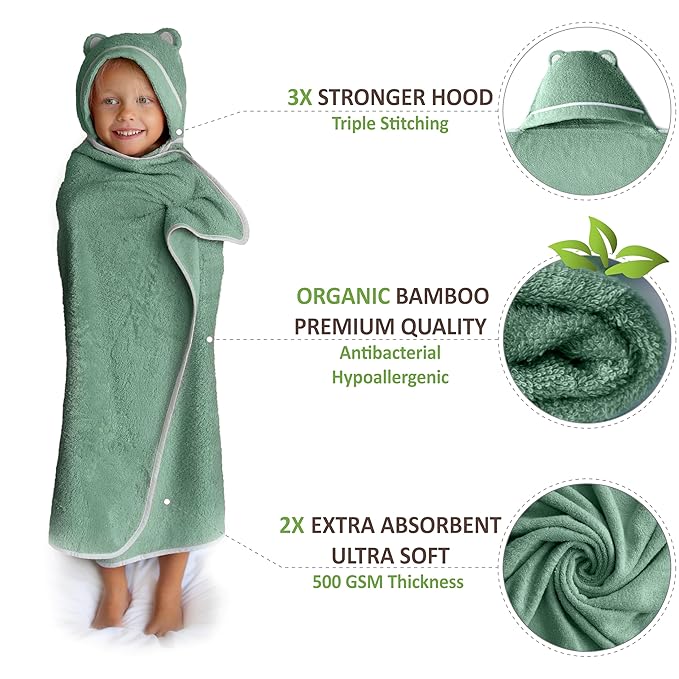 Premium Toddler Towels with Hood - Extra Soft Rayon from Bamboo Toddler Bath Towel (Green)