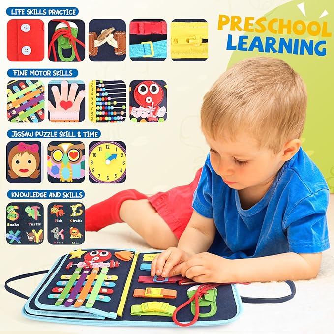 Toddler Busy Board, Montessori Sensory Toys for Boys, 1-4 Year Old Girl Toddler Travel Toys, Educational Learning Activities Board for Motor Skills, Birthday Gifts for Airplane Car, Blue Dinosaur