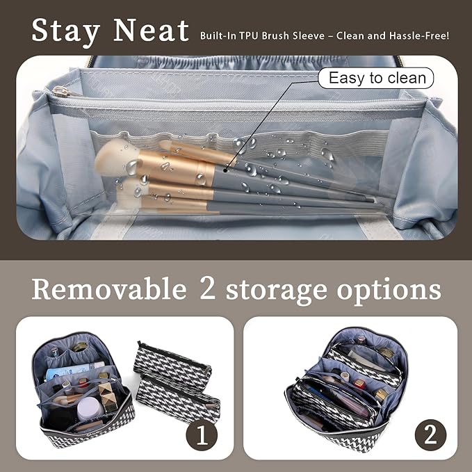 BOYATU Travel Makeup Bags for Women: Large Capacity Cosmetic Bag Set of 3 - Vegan Leather Make up Bags with Compartments - Wide Open Waterproof Toiletry Organizer Bag with Handle (B-04-Black)