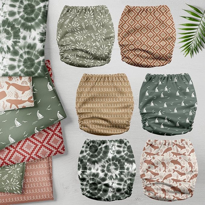 Mama Koala 3.0 Pocket Cloth Diapers for Babies with AWJ Lining, 6 Pack with 6 5-Layer Natural Cloth Diaper Inserts - Reusable and Washable Pocket Diapers(A-Calm Spring)