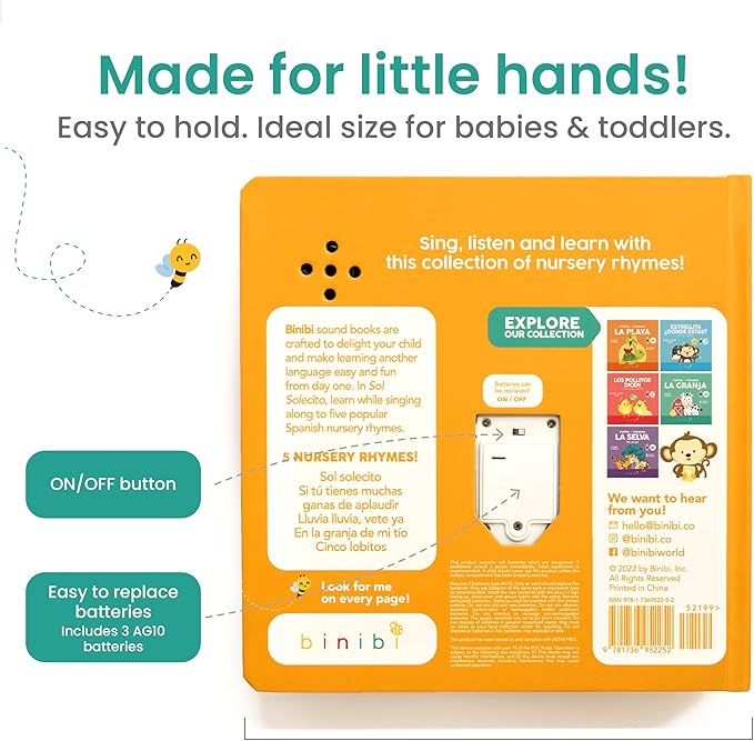 Binibi Spanish Musical Book for Toddlers Sol Solecito & Other Nursery Rhymes | Spanish Learning for Kids | Bilingual Children's Sound Book | Libro en español para bebés