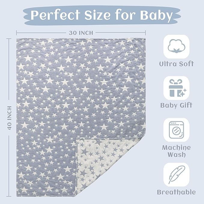 NTBAY 3 Layer Toddler Blanket, Muslin Cotton Jacquard Bed Blankets, Lightweight Thermal Baby Blanket, Super Soft and Warm Crib Blanket for All Seasons, Decoration Gift, 30"x40", Blue