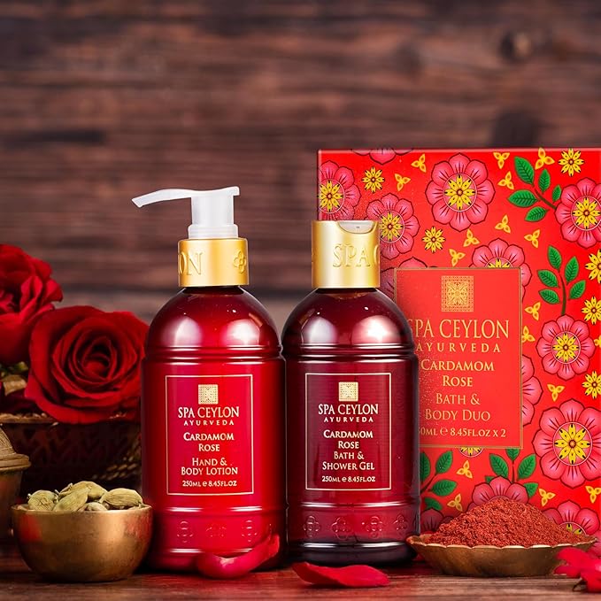 Spa Ceylon Cardamom Rose Bath and Body Duo Set Luxury Gentle Body Wash and Lotion Set with Organic Natural Ingredients | Aromatherapy Bath Set | 250ml x 2