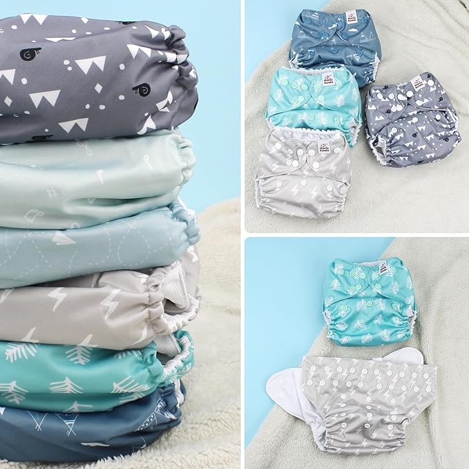 Mama Koala 3.0 Pocket Cloth Diapers for Babies with Suede Cloth Lining, 6 Pack with 6 4-Layer Natural Cloth Diaper Inserts - Reusable and Washable Pocket Diapers(S-The Gray Sky)