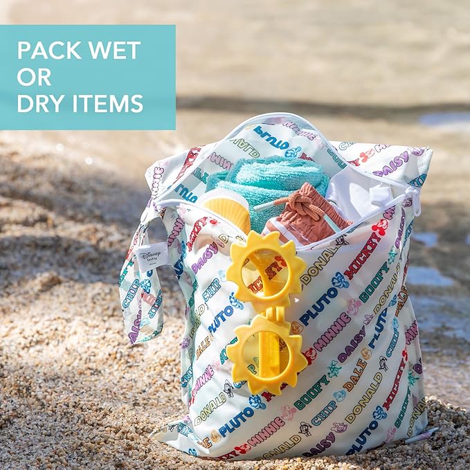 Bumkins - Waterproof Wet Bag, Wet/Dry Clutch & Clear Travel Bags - For Beach, Baby, Travel, Cloth Diapers, Pump Parts, Pool, Gym, Toiletries -Reusable & Easy to Clean -Mickey & Friends Varsity -5 Pack