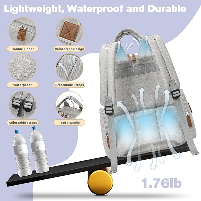 Diaper Bag Backpack - Large Diaper Bag with Portable Changing Pad as Baby Shower Gifts, Lightweight Waterproof Unisex Travel Baby Bag with 4 Insulated Pockets and Stroller Buckles, Light Grey