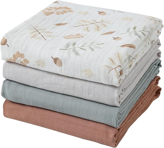 Muslin Swaddle Blankets for Boys & Girls, 4 Pack Receiving Baby Blanket for Newborns, Large 47 x 47 Inches, Soft Breathable Baby Swaddles, Acorn & Earthy Colors