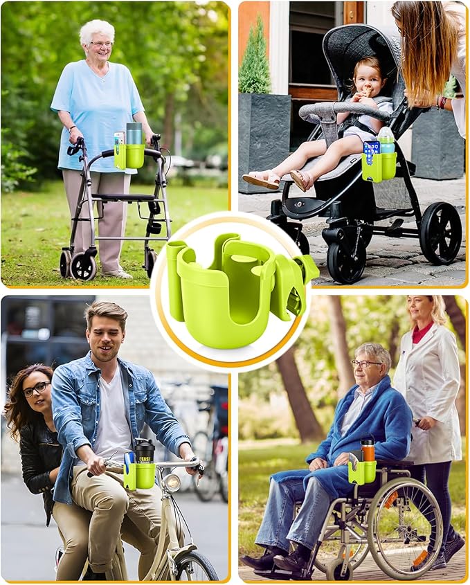 Universal Stroller Cup Holder with Mobile Phone Case, 2-in-1 Strollers Storage Rack, 360 Degrees Rotation Drink Holder for Bike, Pushchair, Wheelchair, Walker,Bicycle, Fits Most Cups (Green)