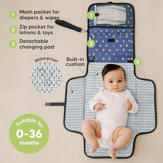 KeaBabies Portable Diaper Changing Pad - Large Waterproof Baby Changing Mat, Compact Travel Diaper Clutch, Functional Pockets Fit Newborn Essentials, Wipeable & Padded Baby Changer (Pets & Paws)