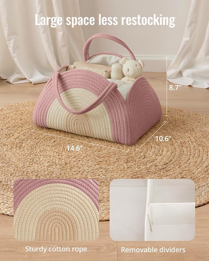Blissful Diary Baby Diaper Caddy Organizer, Cotton Rope Diaper Caddy Basket, Large Storage Basket for Newborn Boys and Girls, Gift for Baby Shower List, Newborn Essentials, Blush Rainbow