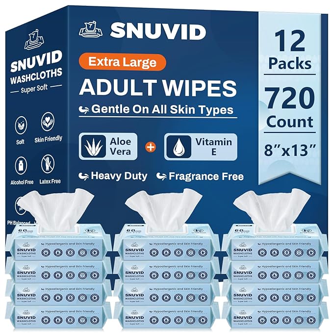 Adult Wipes For Elderly - 8"x13" Extra Large & Soft Wet Wipes for Adults Bathing No-Rinse Incontinence & Cleansing - Disposable Washcloths, Vitamin E & Aloe Infused 720ct (12 Packs of 60)