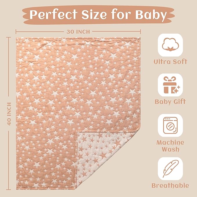 NTBAY 3 Layer Toddler Blanket, Muslin Cotton Jacquard Bed Blankets, Lightweight Thermal Baby Blanket, Super Soft and Warm Crib Blanket for All Seasons, Decoration Gift, 30"x40", Pale Orange Star