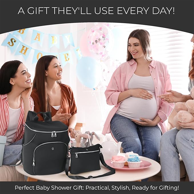 Diaper Bag Backpack 2 Pack - Waterproof - 11 Pockets & Insulated Bottle Pocket - Extra Mini-Pouch Included - Diaper Bag Neoprene Exterior - Black