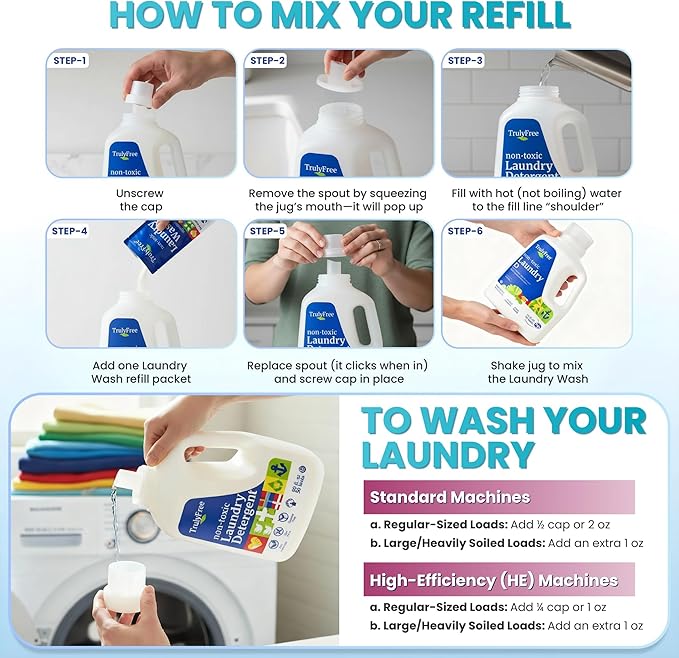 Truly Free Natural Laundry Detergent for Sensitive Skin | Eco Friendly, Plant Based, Baby Clothes Safe | Clean & Easy Powder to Liquid, 1 Pack Detergent + 1 Refillable Jug | Signature Scent, 50 Loads