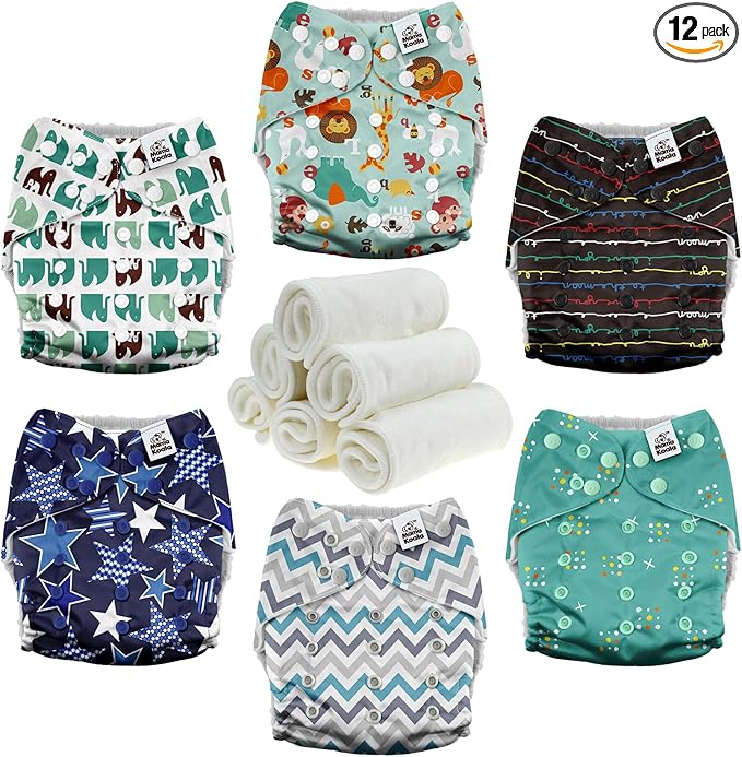 Mama Koala 3.0 Cloth Diapers for Babies with AWJ Lining, 6 Pack with 6 Natural Cloth Diaper Inserts - Reusable and Washable Pocket Diapers (Jagger-R)