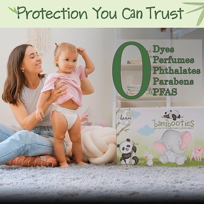 Bamboo Baby Diapers, Totally Chlorine Free for Sensitive Skin for Newborns to XXL. Hypoallergenic & Non Toxic Eco Friendlier Plant-Based Materials. TCF XL Size 5 (24 ct)