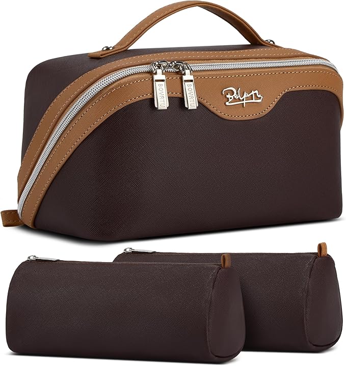 BOYATU Travel Makeup Bag Organizer Cosmetic Bag: 3 Pcs Set Make up Bags for Women with Handle - Waterproof Vegan Leather Toiletry Bags Travel Essentials Pouch with Compartments (D-01-Brown)