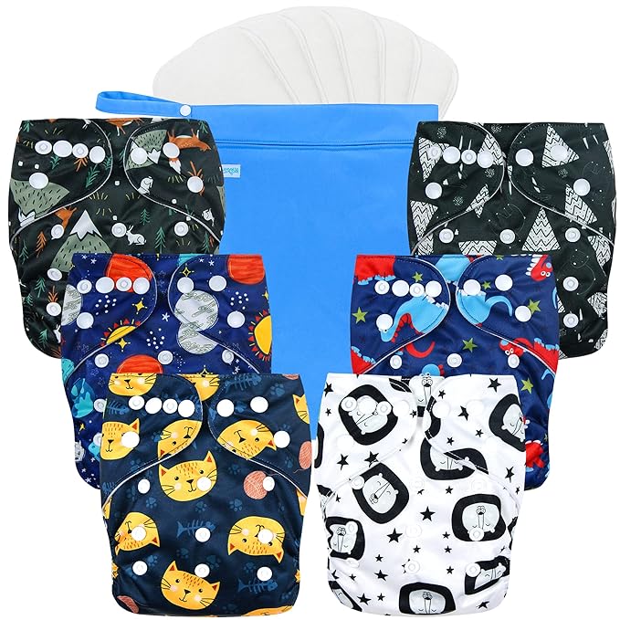 wegreeco Cloth Diapers 6 Pack with 6 Inserts & 1 Wet Bag, Washable Cloth Diapers for Babies, One Size Adjustable Reusable (Dinosaur)
