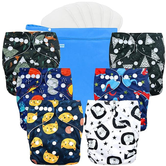 wegreeco Cloth Diapers 6 Pack with 6 Inserts & 1 Wet Bag, Washable Cloth Diapers for Babies, One Size Adjustable Reusable (Dinosaur)