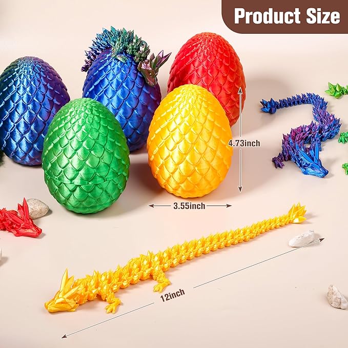 12''3D Printed Dragon and 4.73''Egg - 3D Printed Toys, Articulated Crystal Dragon Egg with Dragons Inside Fidget Toy, Decor Dragons Collectible Figurines (Silk Gold,12inch)
