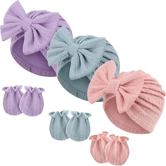 BQUBO Newborn Girls Hats Baby Hat and Mittens Set Infant Caps Bow Hospital Beanie with No Scratch Mittens for Baby Boys Girls