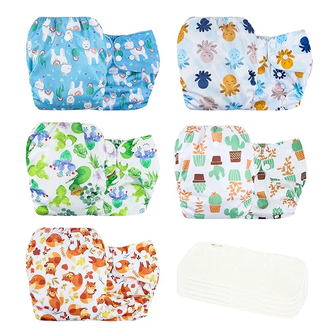 wegreeco Cloth Diapers 5 Pack with 5 Inserts, Washable Cloth Diapers for Babies, One Size Adjustable Reusable (Fresh Animal)