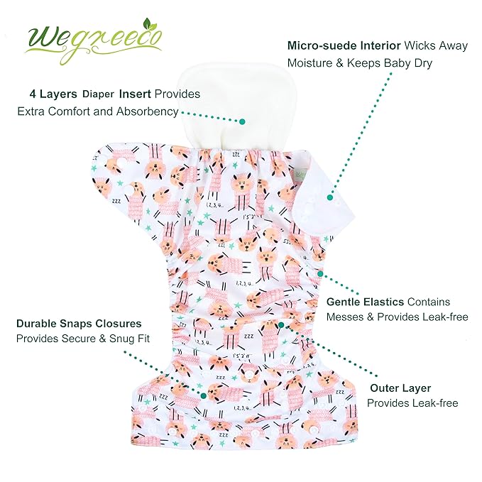 wegreeco Cloth Diapers 6 Pack with 6 Inserts & 1 Wet Bag, Washable Cloth Diapers for Babies, One Size Adjustable Reusable (Flower)
