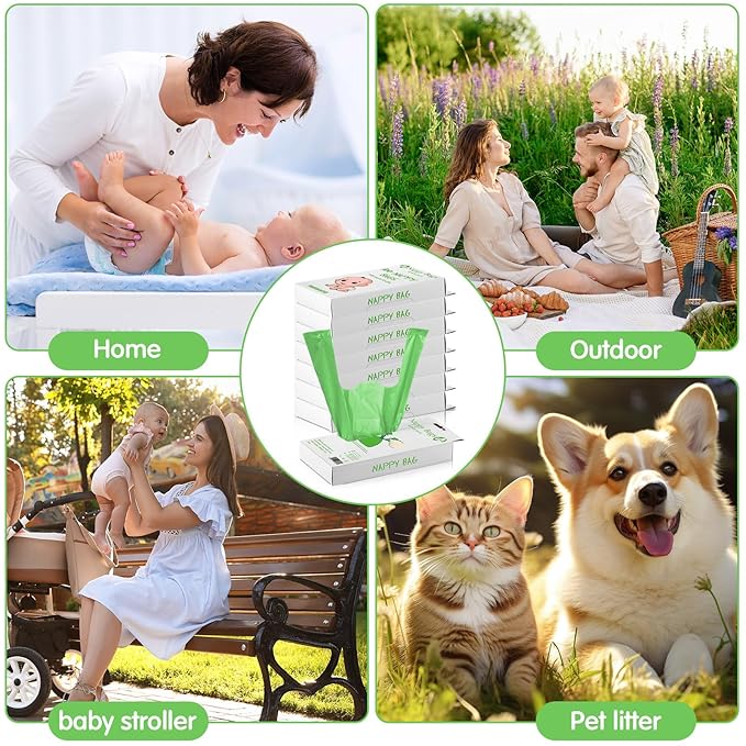 Honoson 1200 Count Baby Disposable Diaper Bags Scented Diaper Sacks with Tie Handle Disposal Baby Poop Trash Bags Waste Sacks Refill(Green)