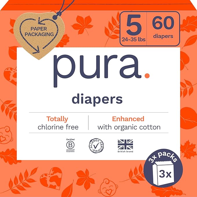 Pura Size 5 Eco-Friendly Diapers (24-35 lbs) Totally Chlorine Free (TCF) Hypoallergenic, Soft Organic Cotton, up to 12 Hours Leak Protection, Allergy UK, 3 Packs of 20 (60 Diapers)