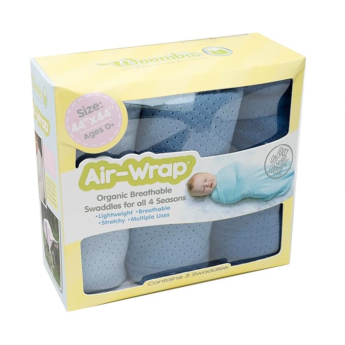 Woombie Organic Cotton Airwrap Baby Swaddling Blanket Set - Lightweight, Multi-Use Receiving Blankets - Set of 3, 44 x 44 inches - Blues