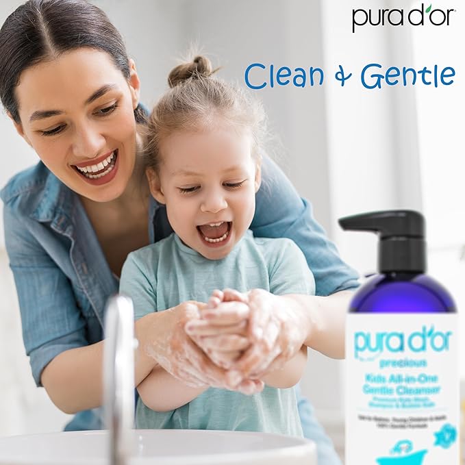 PURA D'OR Kids Wash (16oz x 2 = 32oz) All-in-One Gentle Cleanser - USDA Biobased, Sulfate-Free, Tear-Less, Hypoallergenic, Premium, Shampoo & Bubble Bath