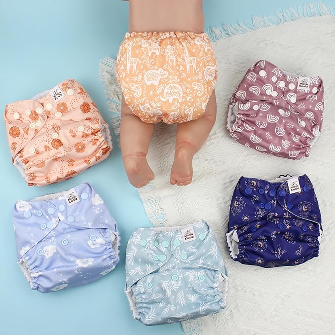 Mama Koala 3.0 Pocket Cloth Diapers for Babies with AWJ Lining, 6 Pack with 6 5-Layer Natural Cloth Diaper Inserts - Reusable and Washable Pocket Diapers(A-Cabin Vibes)