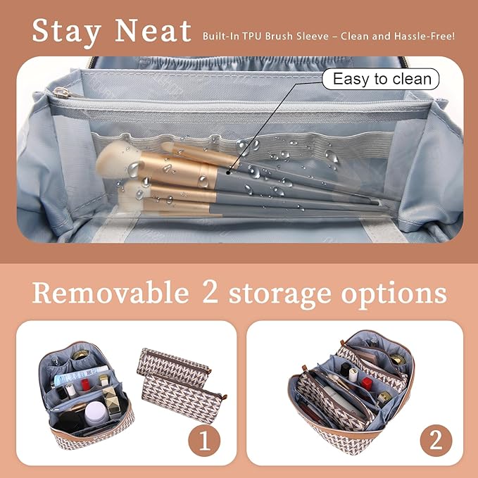 BOYATU Travel Makeup Bags for Women: Large Capacity Cosmetic Bag Set of 3 - Vegan Leather Make up Bags with Compartments - Wide Open Waterproof Toiletry Organizer Bag with Handle (B-05-Brown)