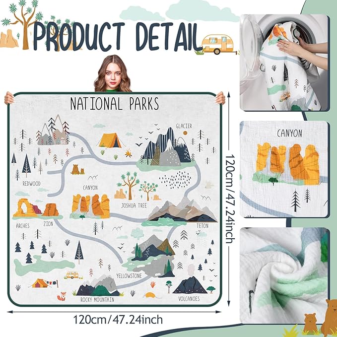 National Parks Muslin Blanket 47 x 47 Inch Soft Warm Cotton Muslin Swaddle Blanket Nursery Swaddling Wrap Quilt for Bedding Gift, Cold Weather, Adventure Hiking Camping Lovers
