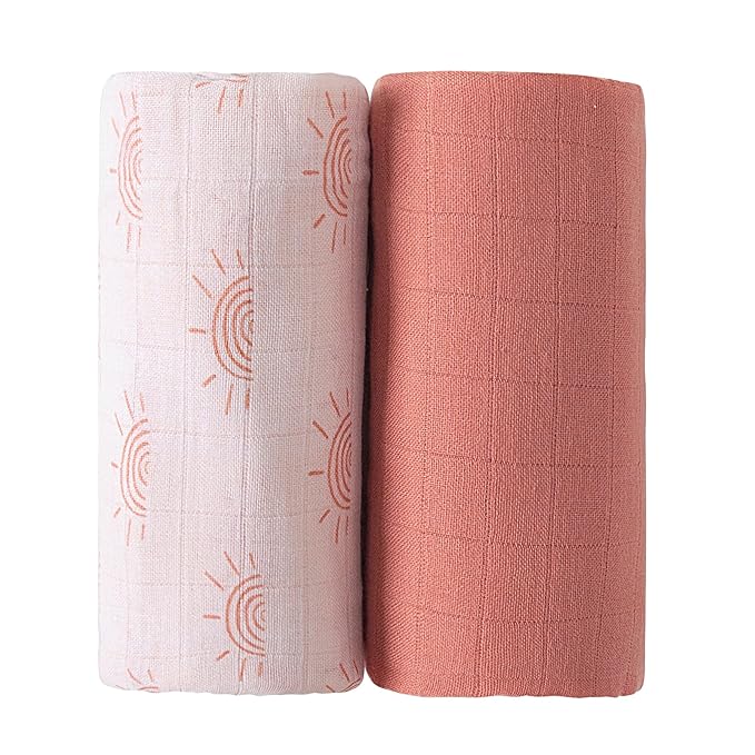 Viviland Muslin Swaddle Blankets, Breathable and Skin-Friendly Baby Receiving Blankets, 2-Pack Sun, 47 x 47 inches