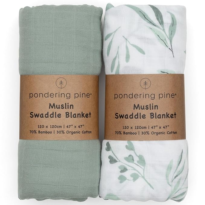 Organic Baby Muslin Swaddle Blankets for Boy or Girl - Eucalyptus Leaves and Sage Swaddling Blanket 2 Pack - Soft Muslin, XLarge and Breathable, Boho Baby, 47" X 47"