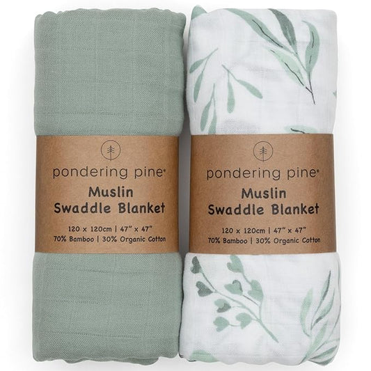 Organic Baby Muslin Swaddle Blankets for Boy or Girl - Eucalyptus Leaves and Sage Swaddling Blanket 2 Pack - Soft Muslin, XLarge and Breathable, Boho Baby, 47" X 47"