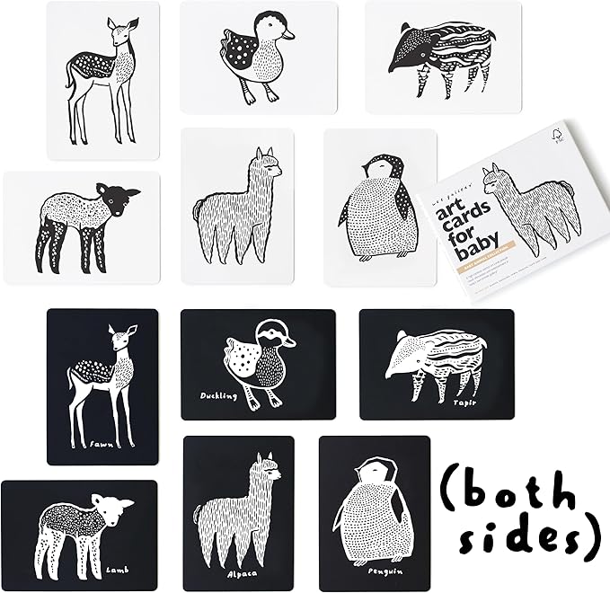 Wee Gallery Art Cards for Baby, Durable High Contrast Black and White Animal Flashcards for Newborns, Brain Development, Sensory Toys, Tummy Time Essentials for Infant and Toddler - Baby Animals
