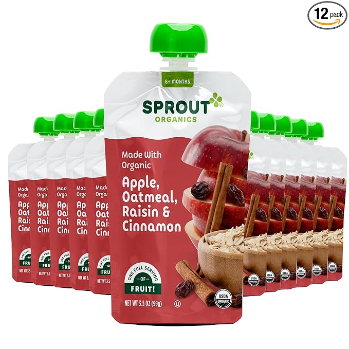 Sprout Organic Baby Food, Stage 2 Pouches, Apple Oatmeal Raisin with Cinnamon, 3.5 Oz Purees (Pack of 12)