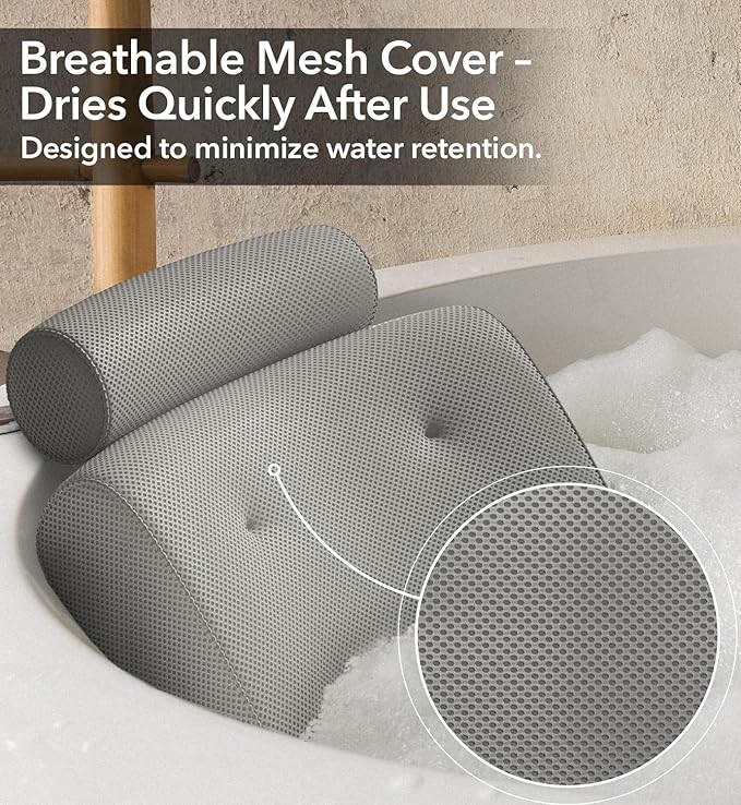 Everlasting Comfort Luxury Bath Pillows for Tub with Head and Neck Support - Non-Slip Bathtub Pillow with Suction Cups, Quick-Drying Mesh & Drying Hook - Jacuzzi & Spa Accessories for Women - Gray